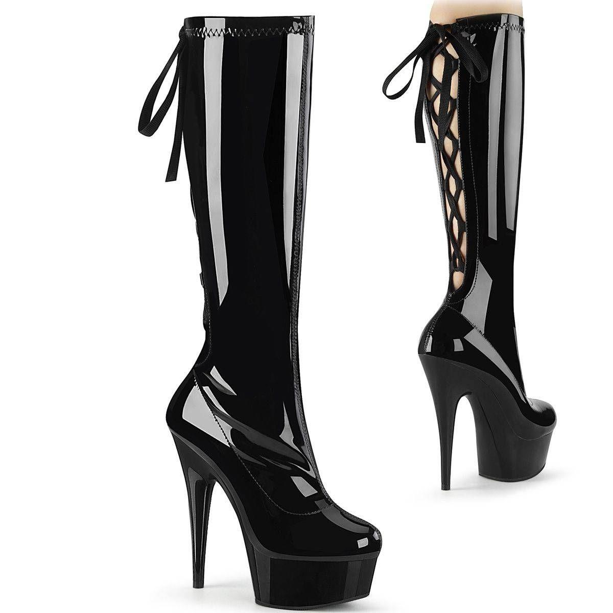 Black patent Lace Up Back Knee Boot