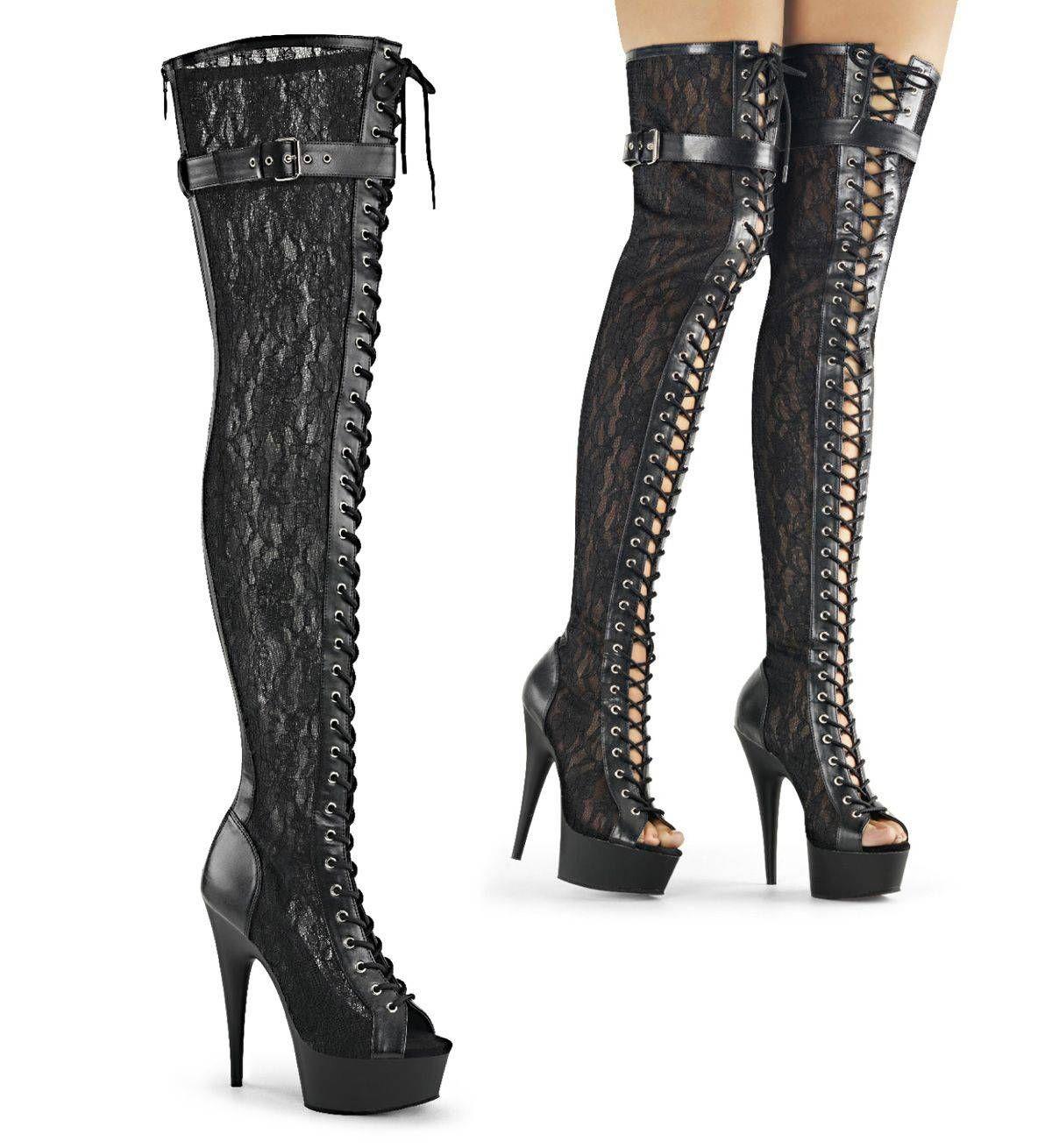 Lace Up Front Faux Leather & Lace Thigh Boots