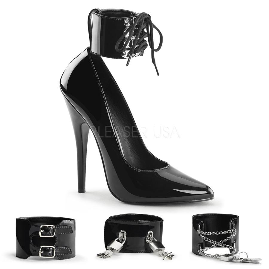 Black patent court shoe with ankle cuffs