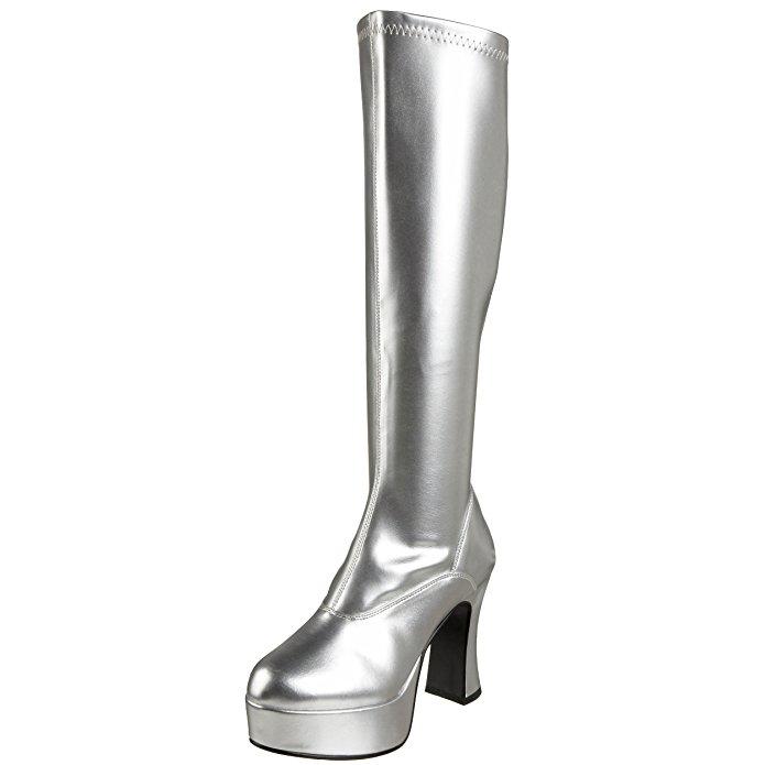Silver patent knee boot