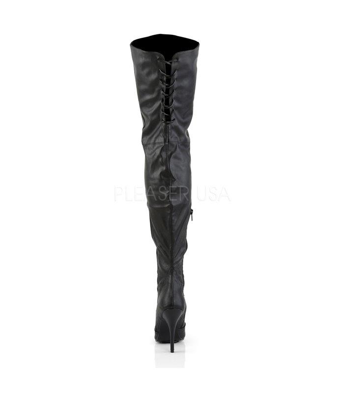 Rear view black leather thigh boots