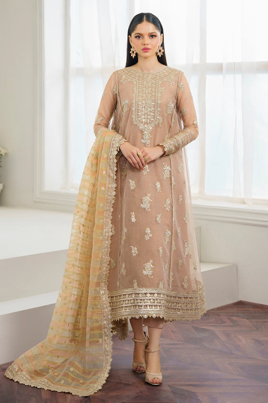 embroidered masoori dress with jamawar trouser Embroidered velvet dress with jamawar trousers for weddings