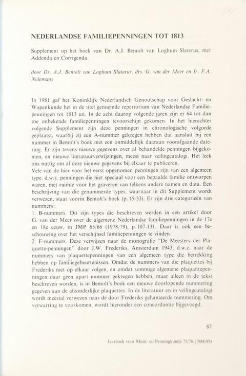 Jahrboek voor Munt- en Penningkunde 75/76 1988/89.  Supplement to Nederlandse Familiepenningen tot 1813
