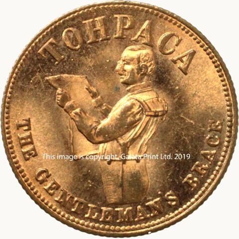 NON-LOCAL farthing token. Tohpaca, the Gentlemans Brace.