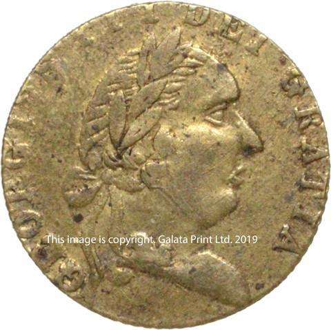 Imitation spade half guinea. Brass gambling token/card counter.  W.C.B.ET. CO. Birm. 1790.  Warburton 6340