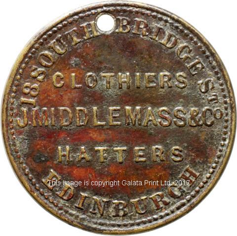Edinburgh, farthing token.  J Middlemass & Co. Tailors, hatters & outfitters.