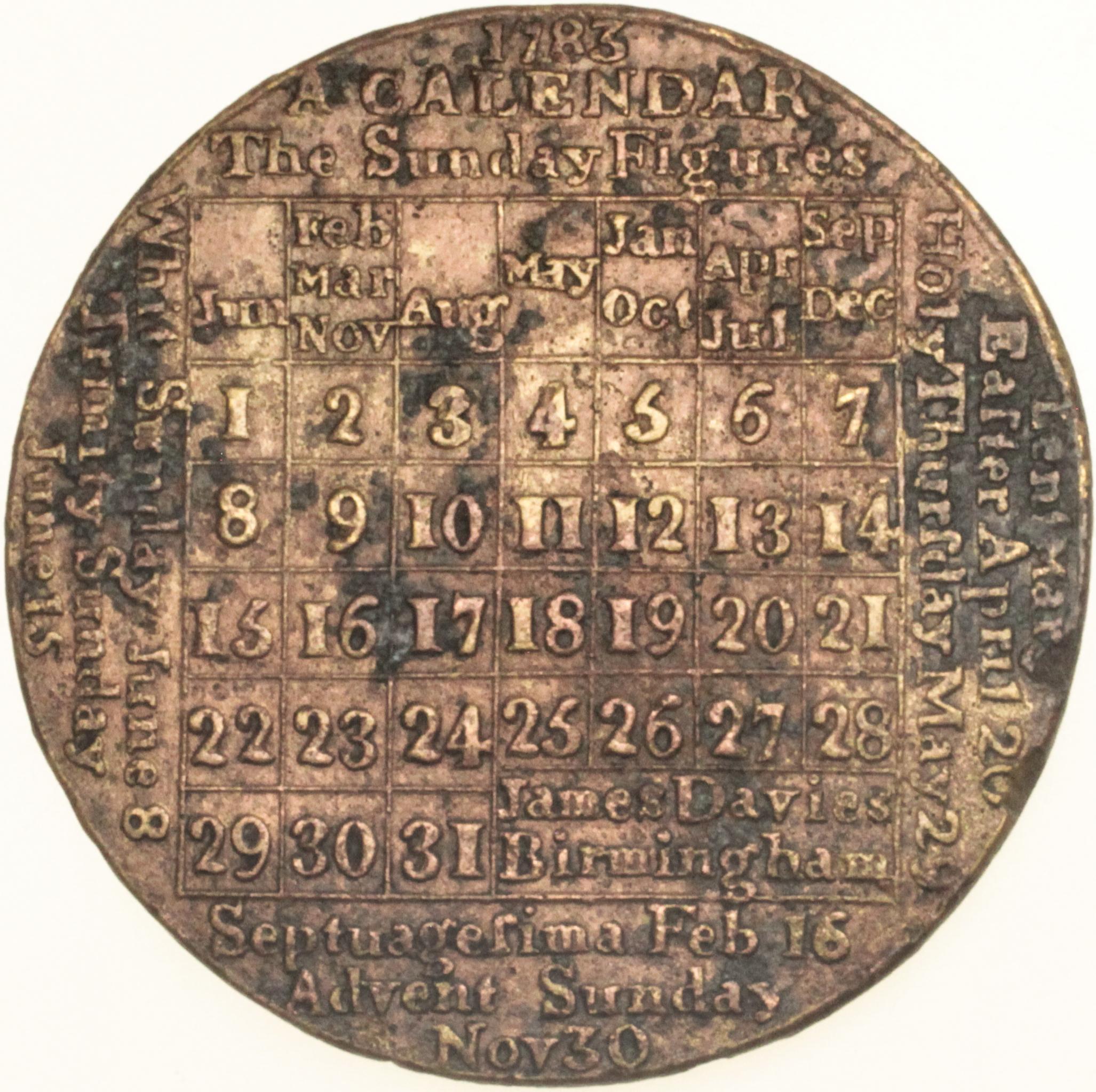 Calendar medal 1783. By James Davies Birmingham