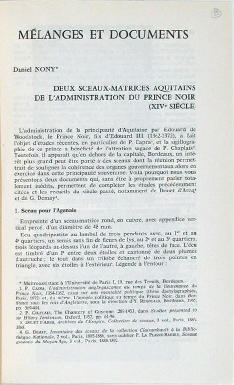 Deux Sceaux-Matrices Aquitains de l'Administration du Prince Noir (XIVe siecle)