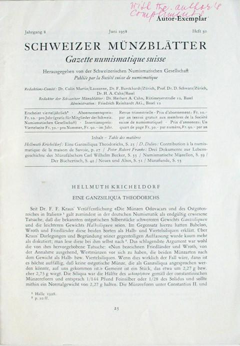 Schweizer M&uuml;nzbl&auml;tter. 1958-&nbsp;