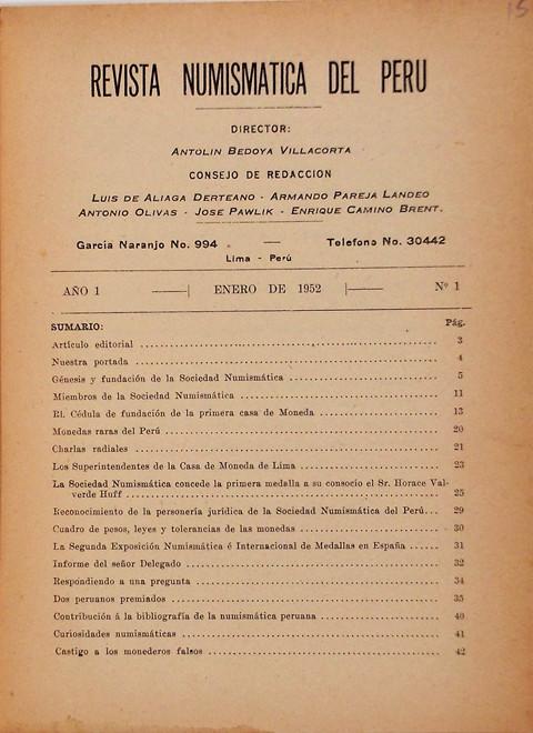 Revista Numismatica del Peru  A̱o 1  No 1  1952.