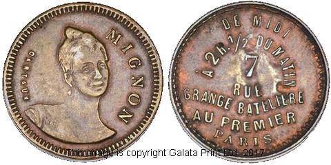 France advertising brothel token. Paris. Mignon (1890-1900). 7 RUE GRANGE BATELLIERE.
