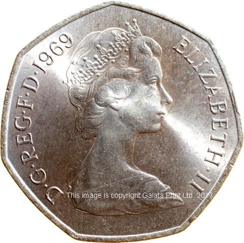 ELIZABETH II (1953-)  Fifty New Pence, 1969.