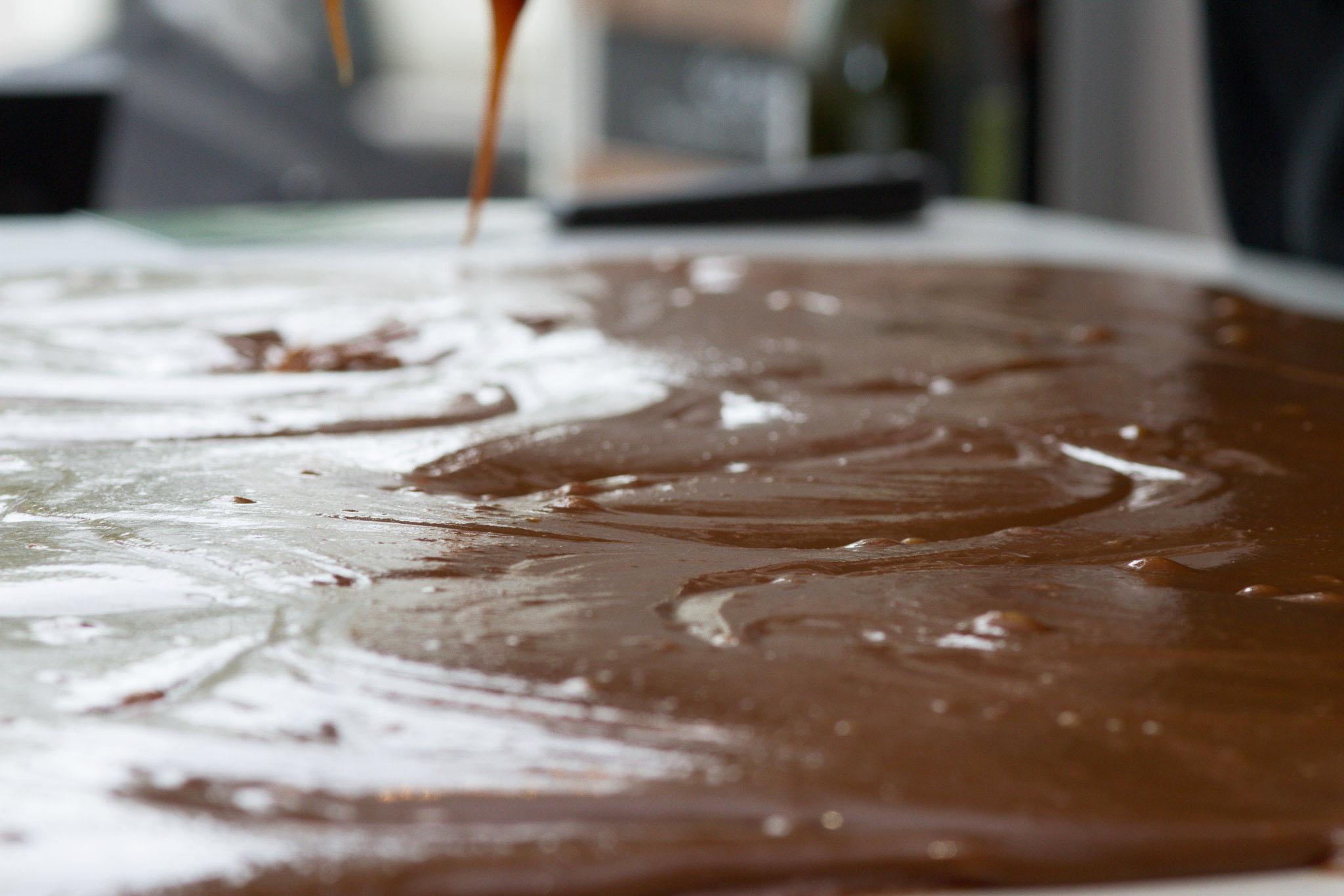 Handmade fudge being cooled on a marble slab at our Ely shop.