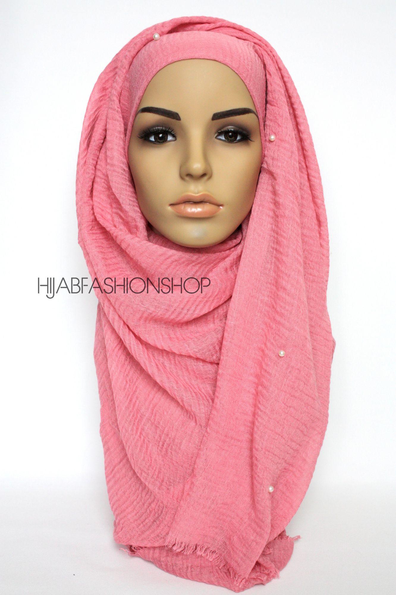 pink crimp crinkle hijab with pearls