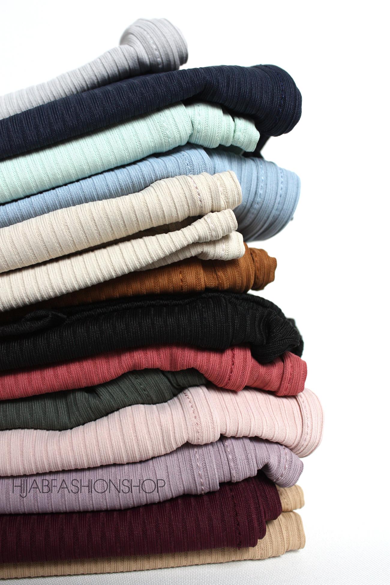 pile of colourful ribbed jersey hijabs