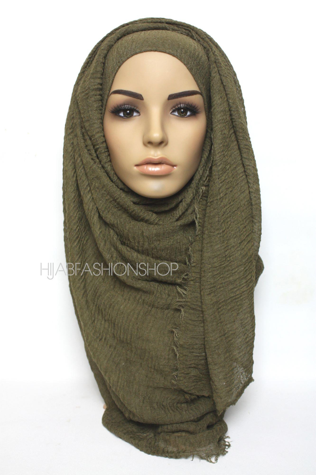 White Snow Army Green Premium Crimple Crimp Hijab Scarf with Frayed Edges
