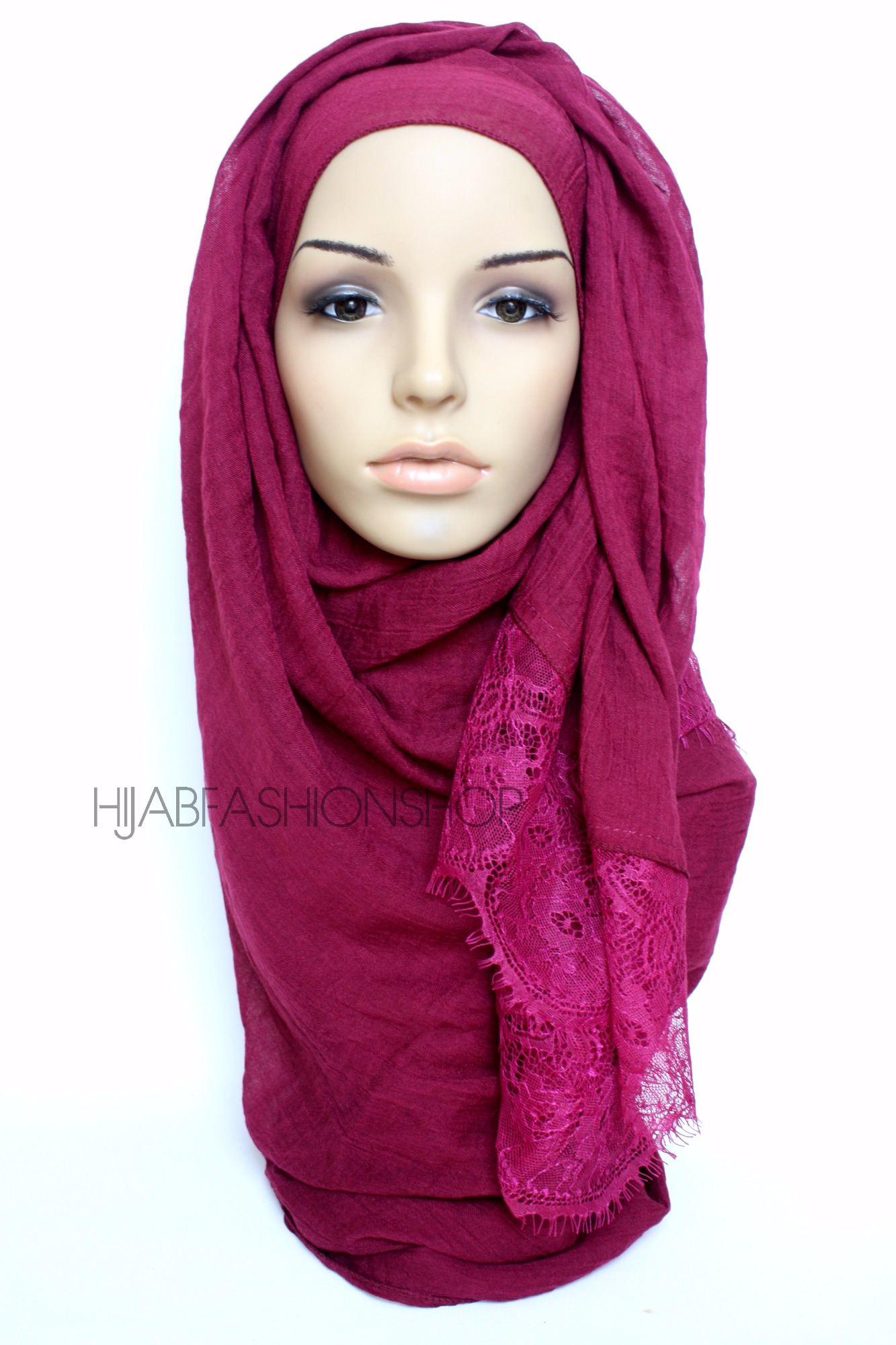 raspberry purple plain hijab with lace edges