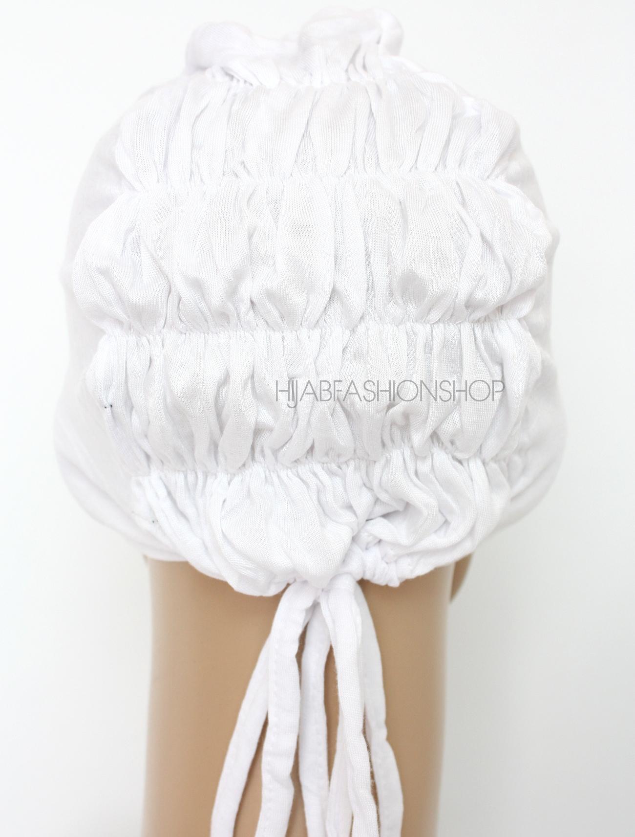 white ruched back string bonnet back view