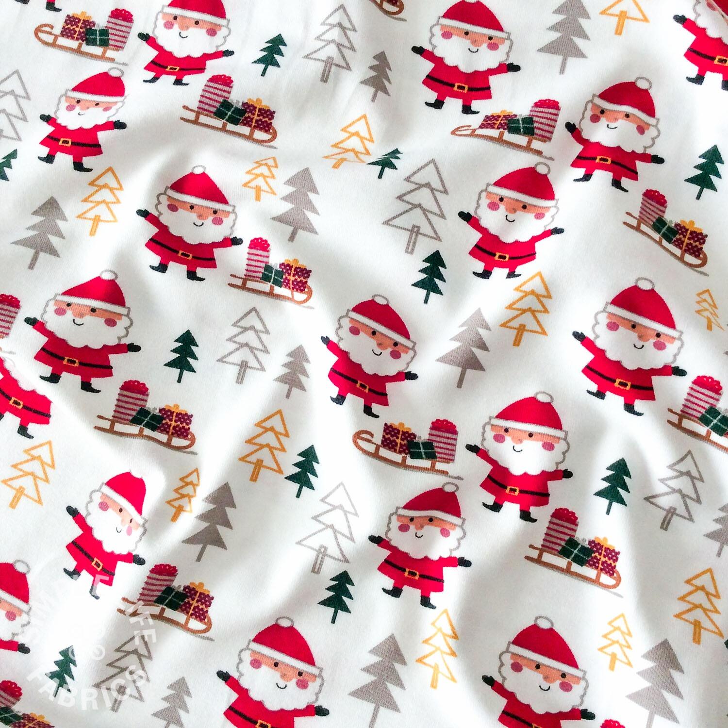 Happy Santa father Christmas ivory red jersey fabric