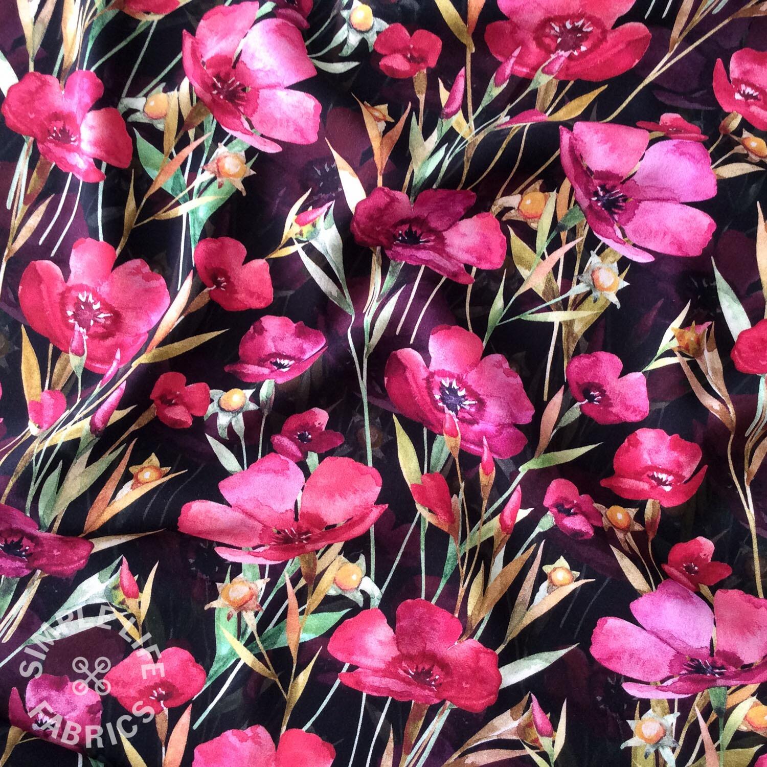 Floral Print Stretch Viscose Twill Deadstock - Rose + Moss + Black
