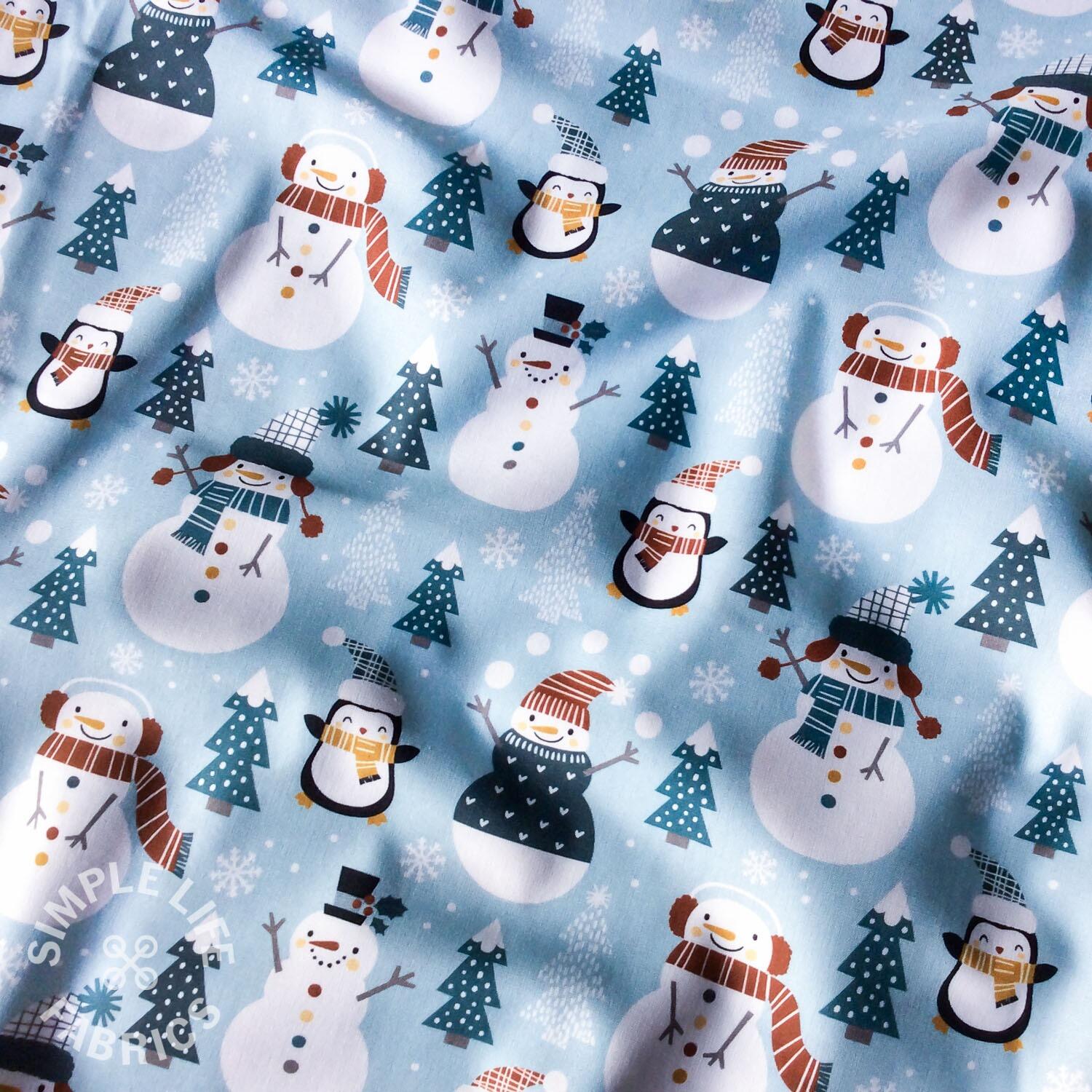 Snowmen and penguins Christmas cotton fabric