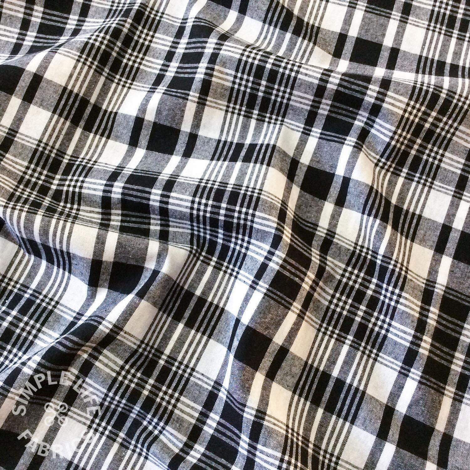 Remnant - Madras Check cotton fabric, Black and White - 204cm x 145cm