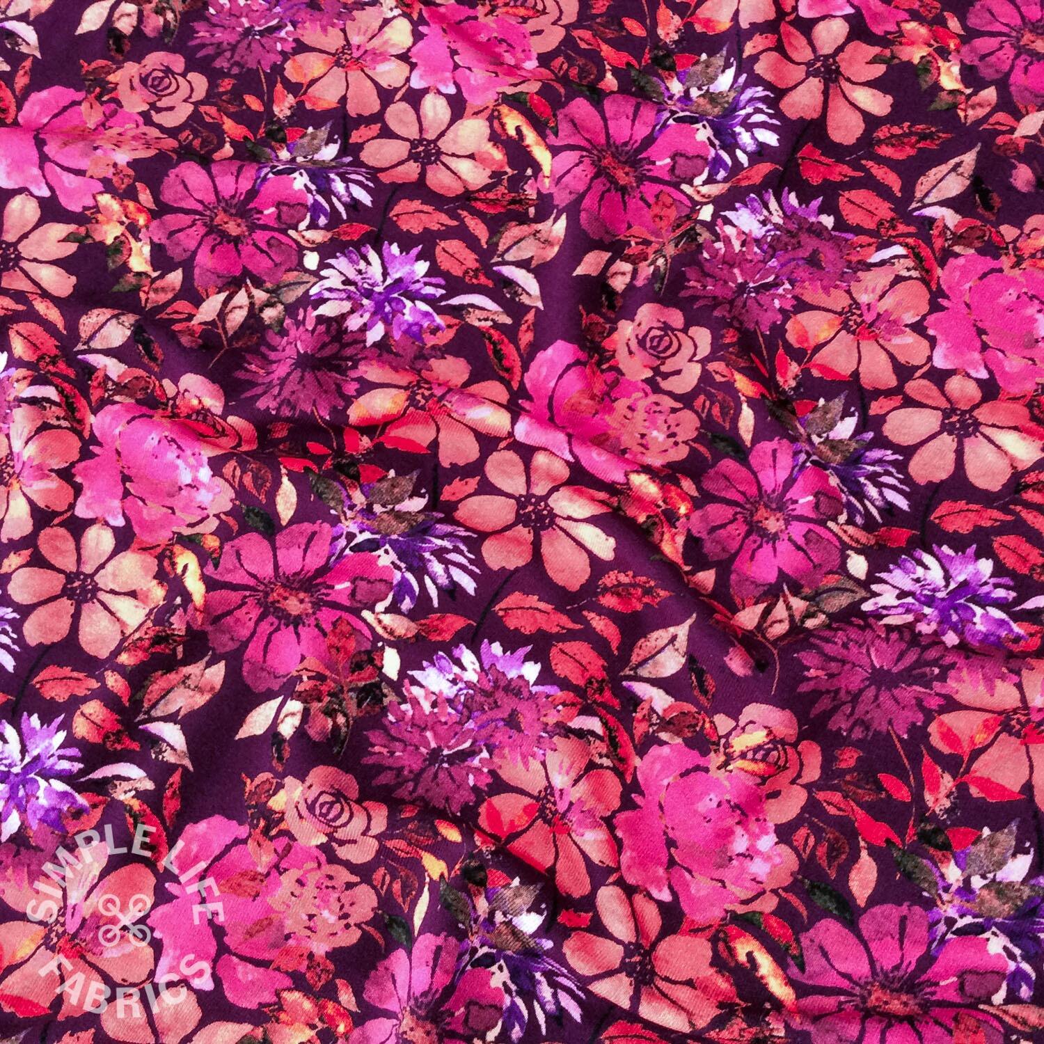 Autumn floral viscose jersey fabric Cassis Plum Oeko Tex Per half metre