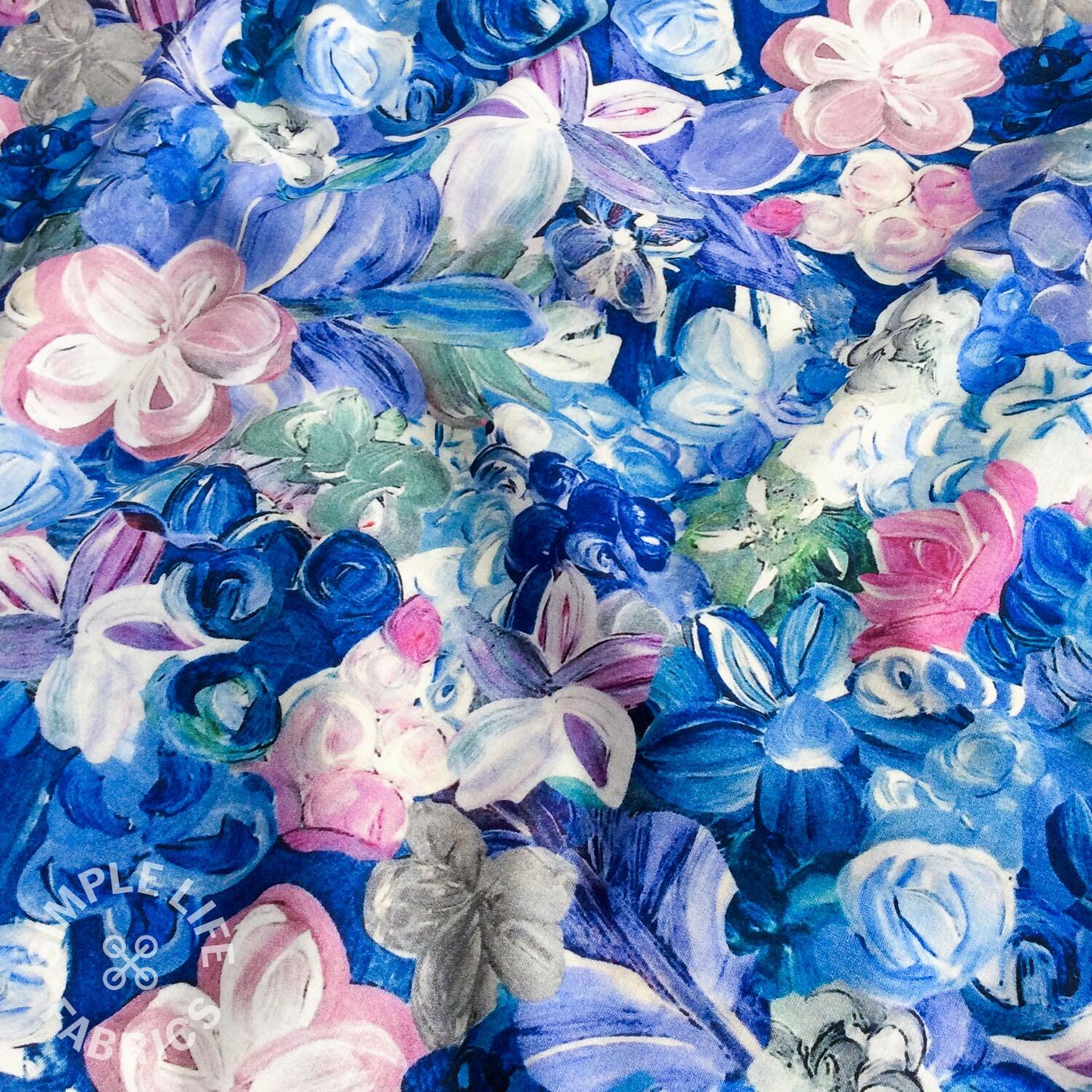 Art floral blues cotton lawn fabric