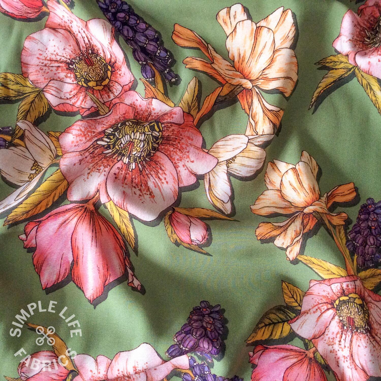 Lovely lush flowers viscose dress fabric, mid-green - Per half metre
