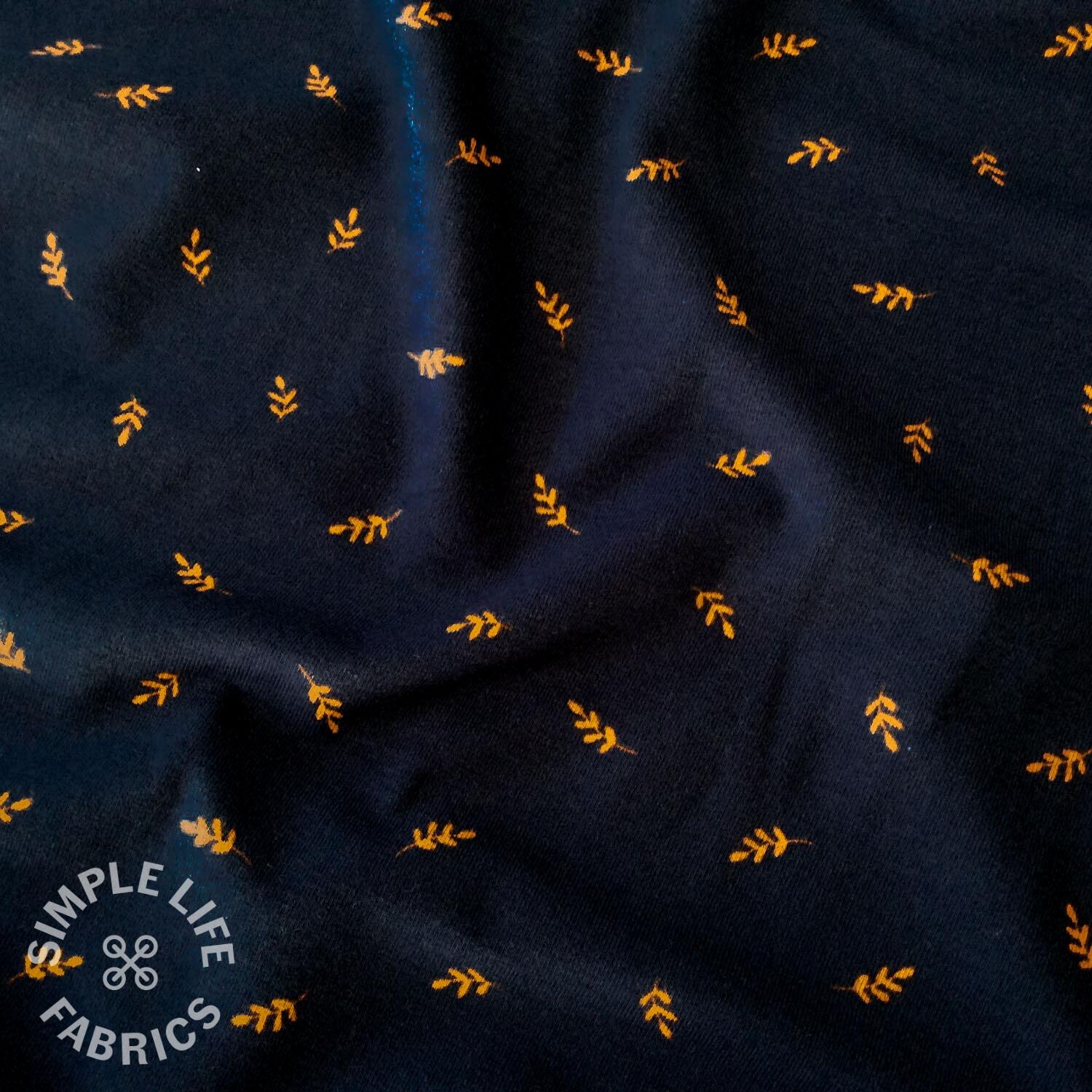 Dark navy organic leaf print jersey fabric