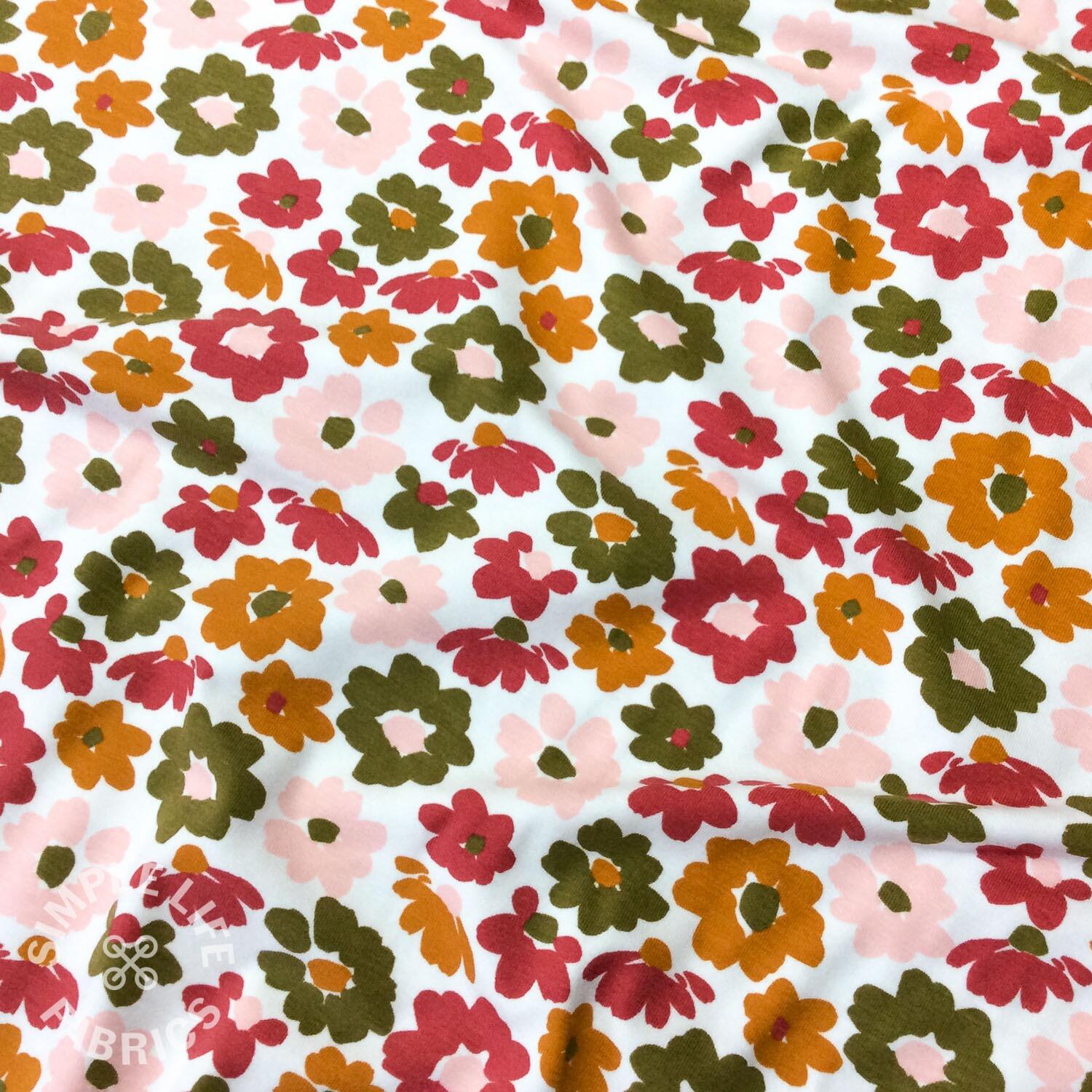 Organic cotton jersey fabric floral whie