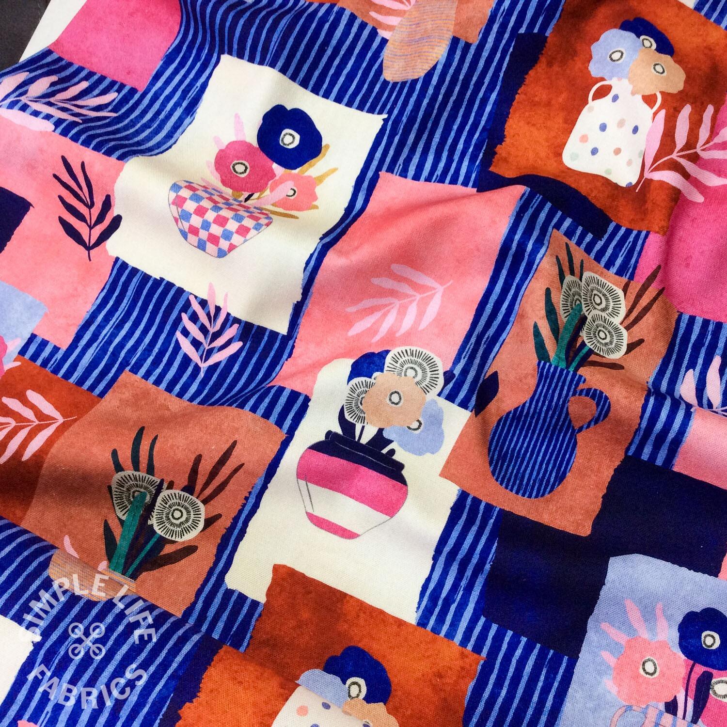 Delightful Tossed Vases, Nerida Hansen cotton canvas fabric OekoTex Per half metre