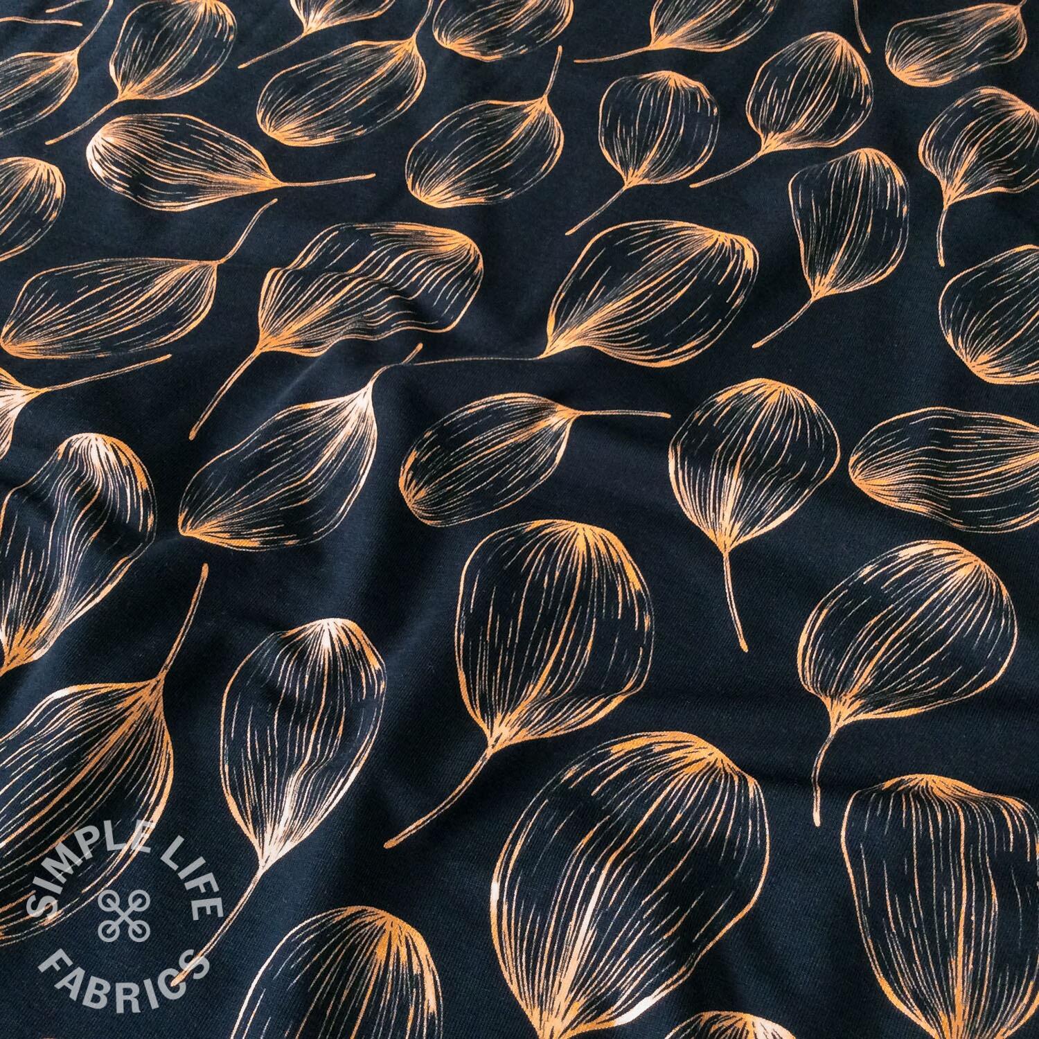 Lunaria designer jersey fabric leaf print on black