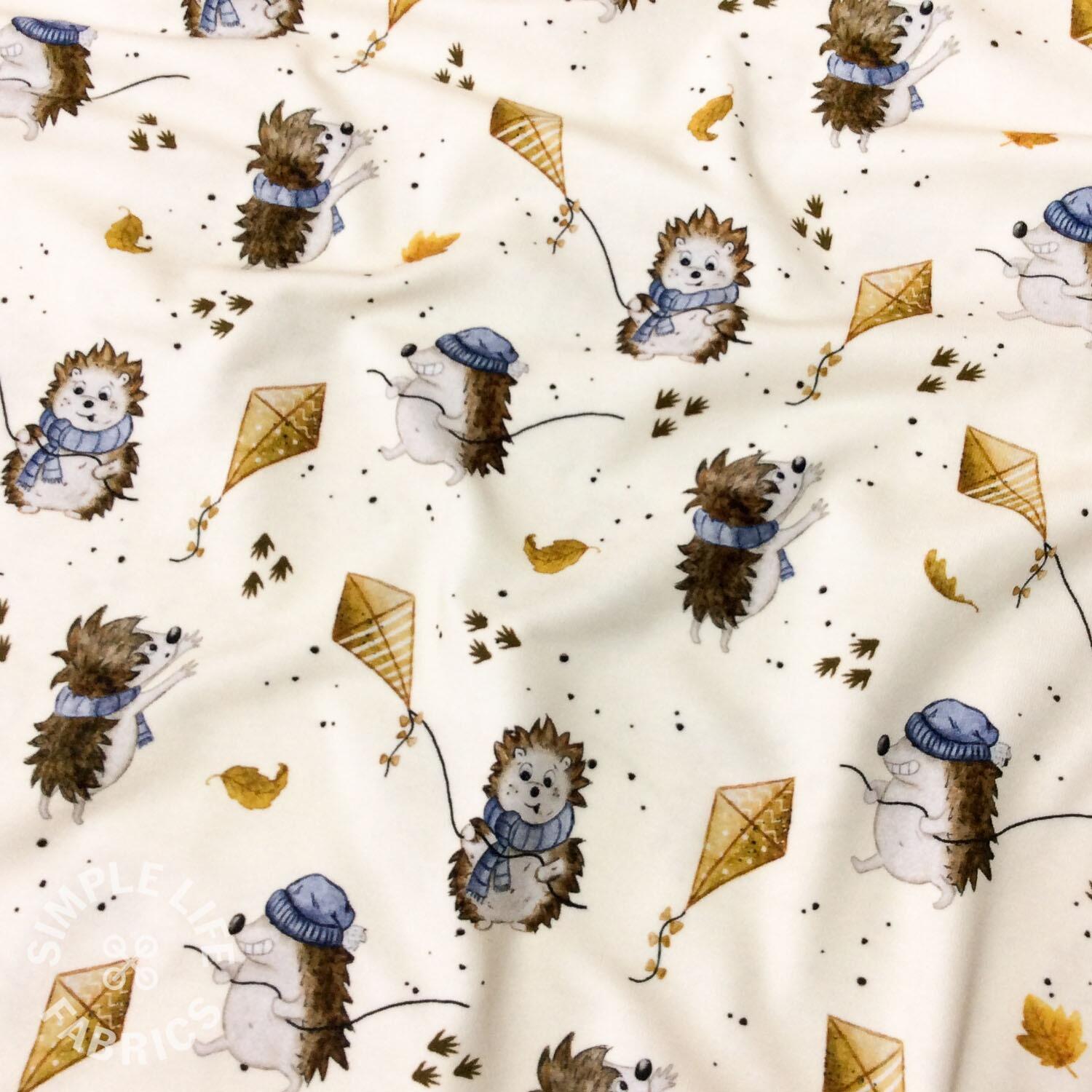 Cute hedgehogs designer jersey fabric Cream Oeko Tex Per half metre