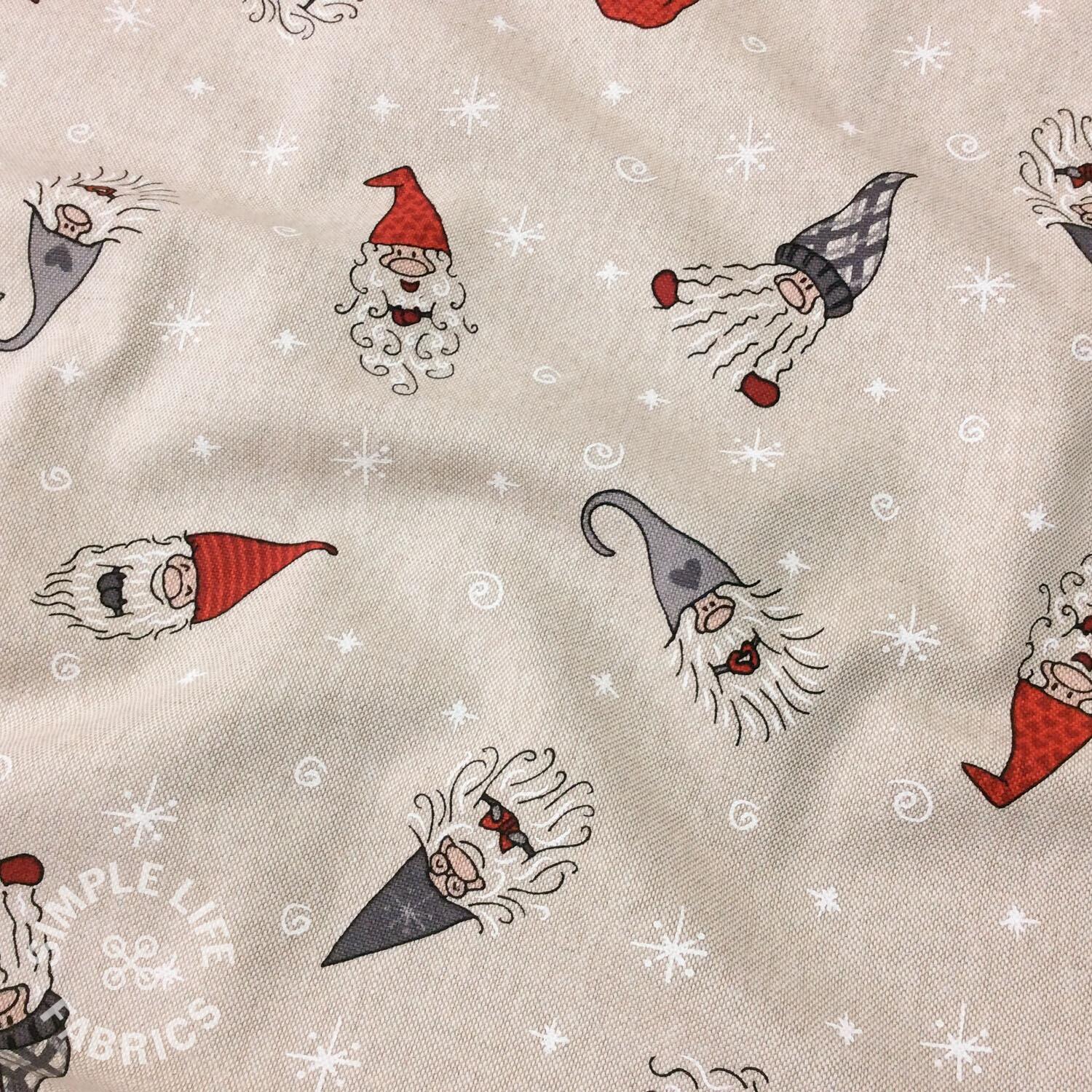 Christmas decor fabric with gnomes in mittens