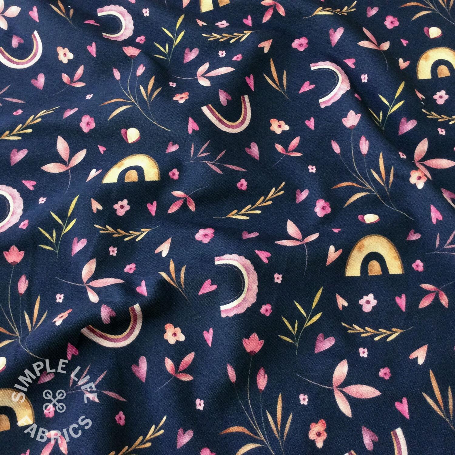 French Terry rainbows and hearts fabric