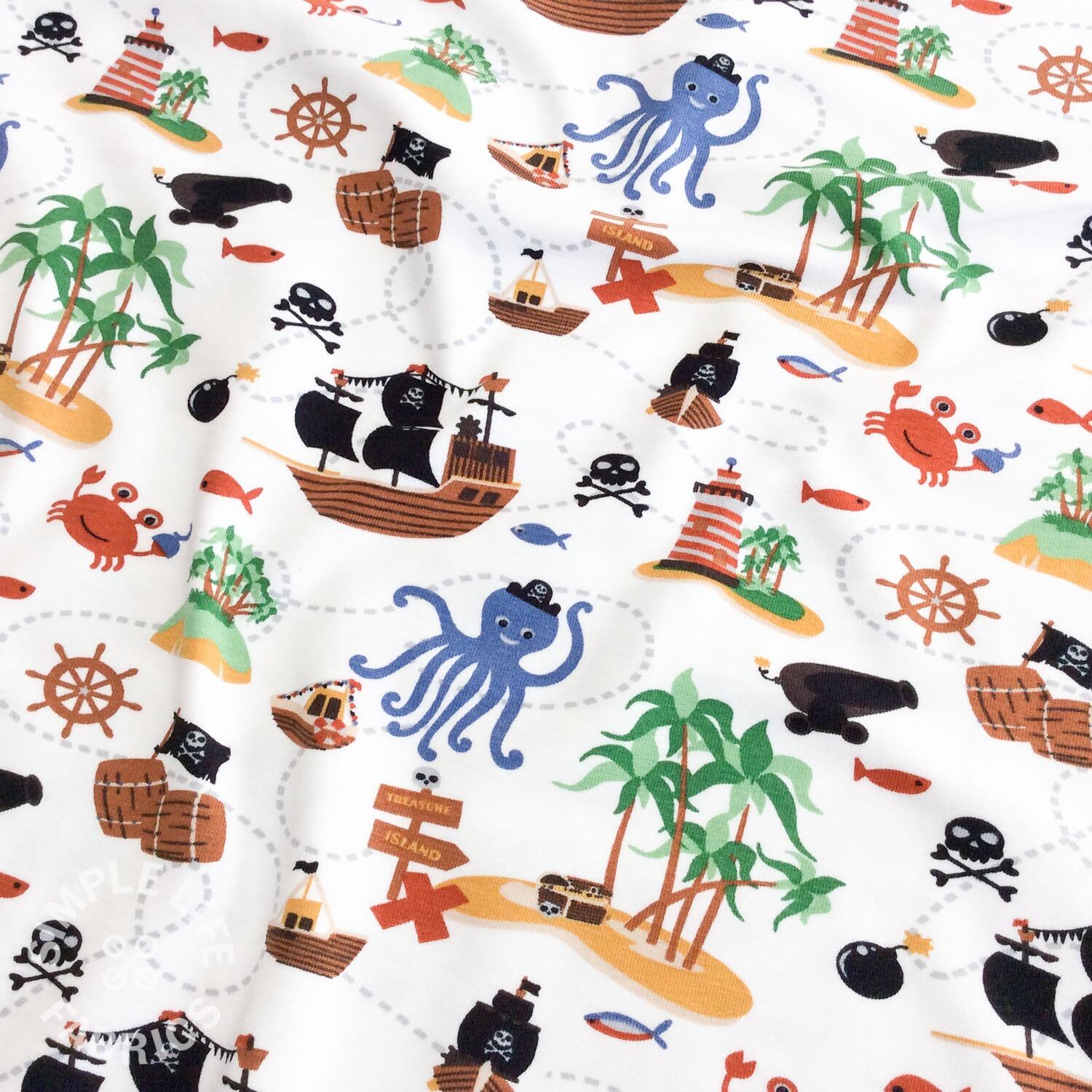 Cute pirate ships jersey fabric white