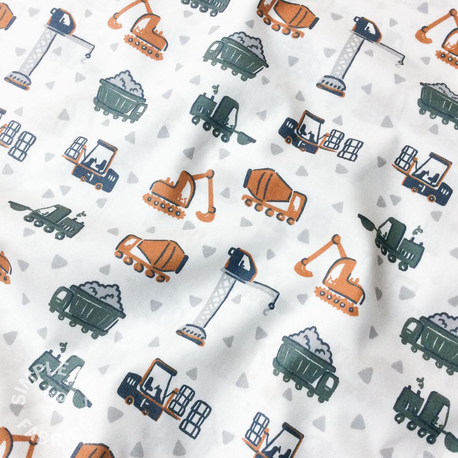 Organic cotton kids fabric trucks and giggers in white
