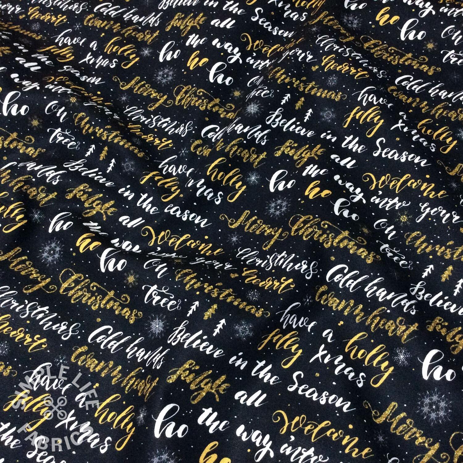 Christmas wishes gold and white words writing cotton fabric