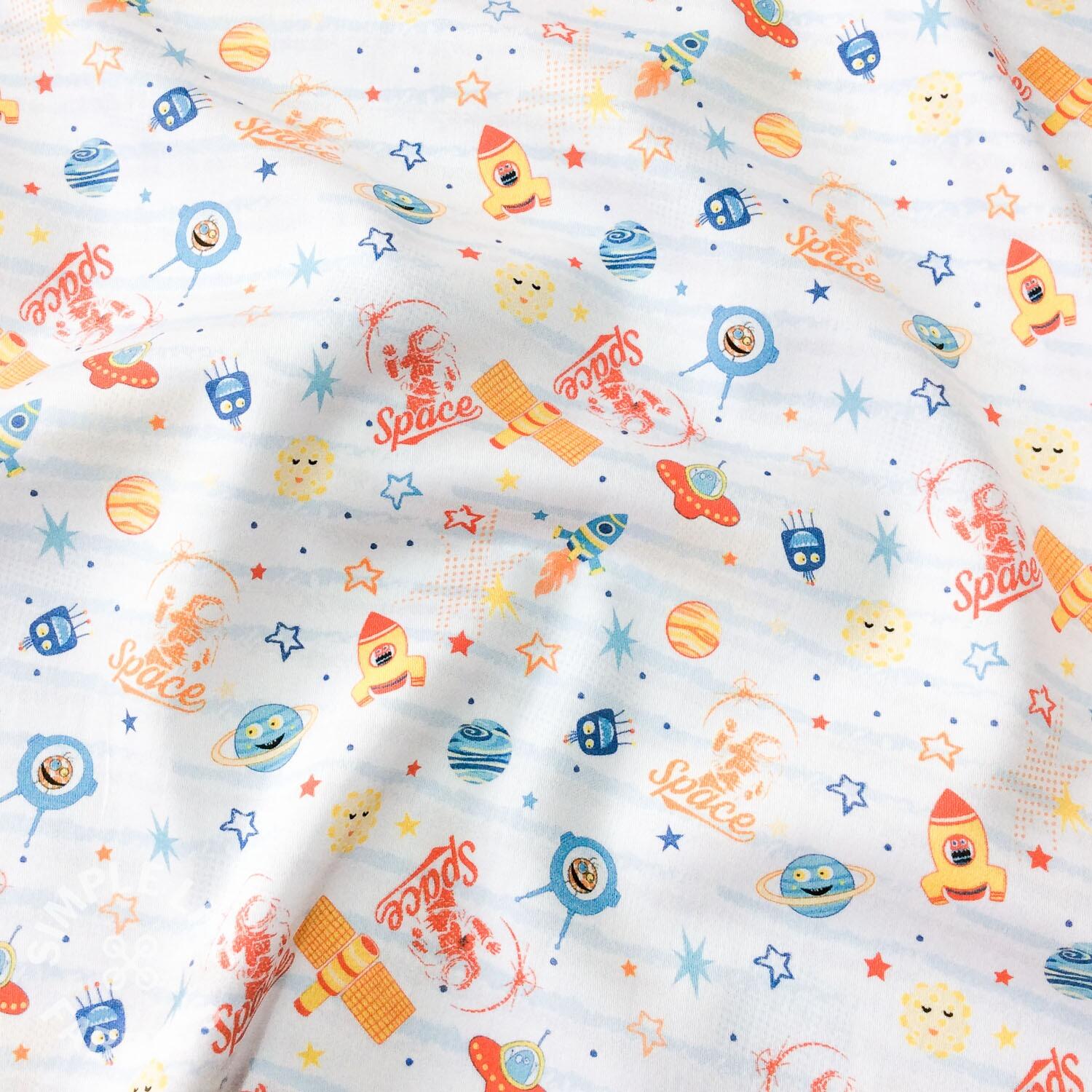 Cute space rockets planets cotton fabric