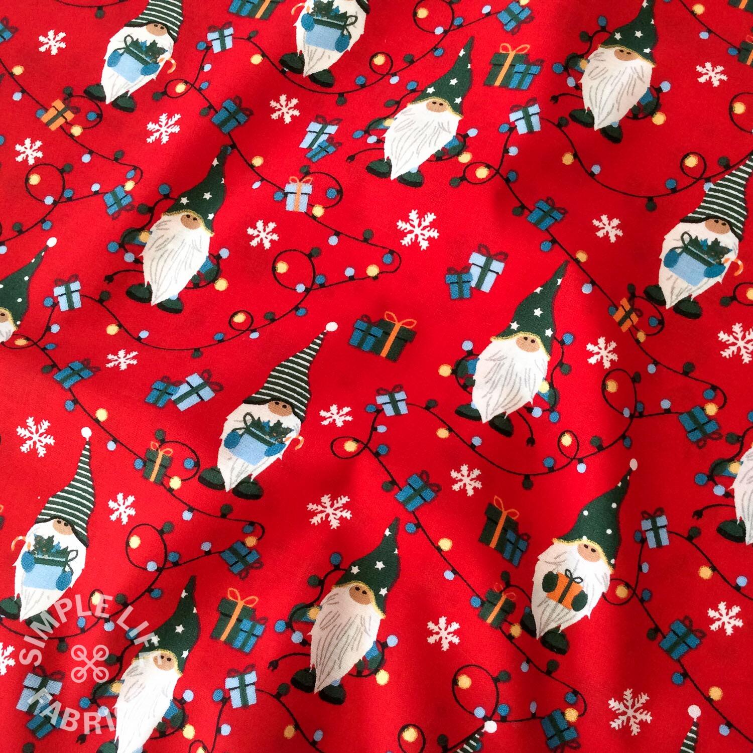 Red Christmas gnomes poplin fabric