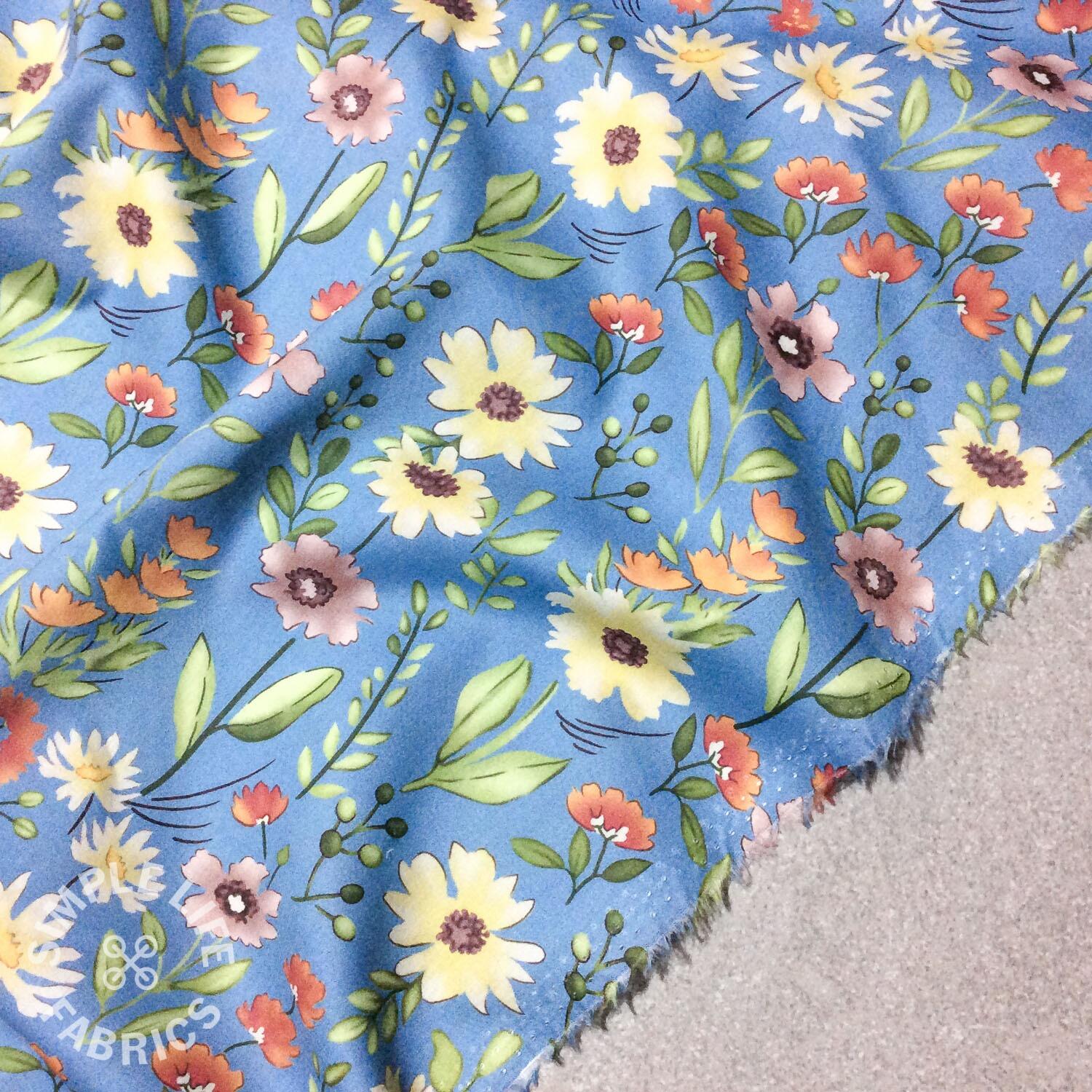 Floral print wildflowers blue cotton lawn fabric