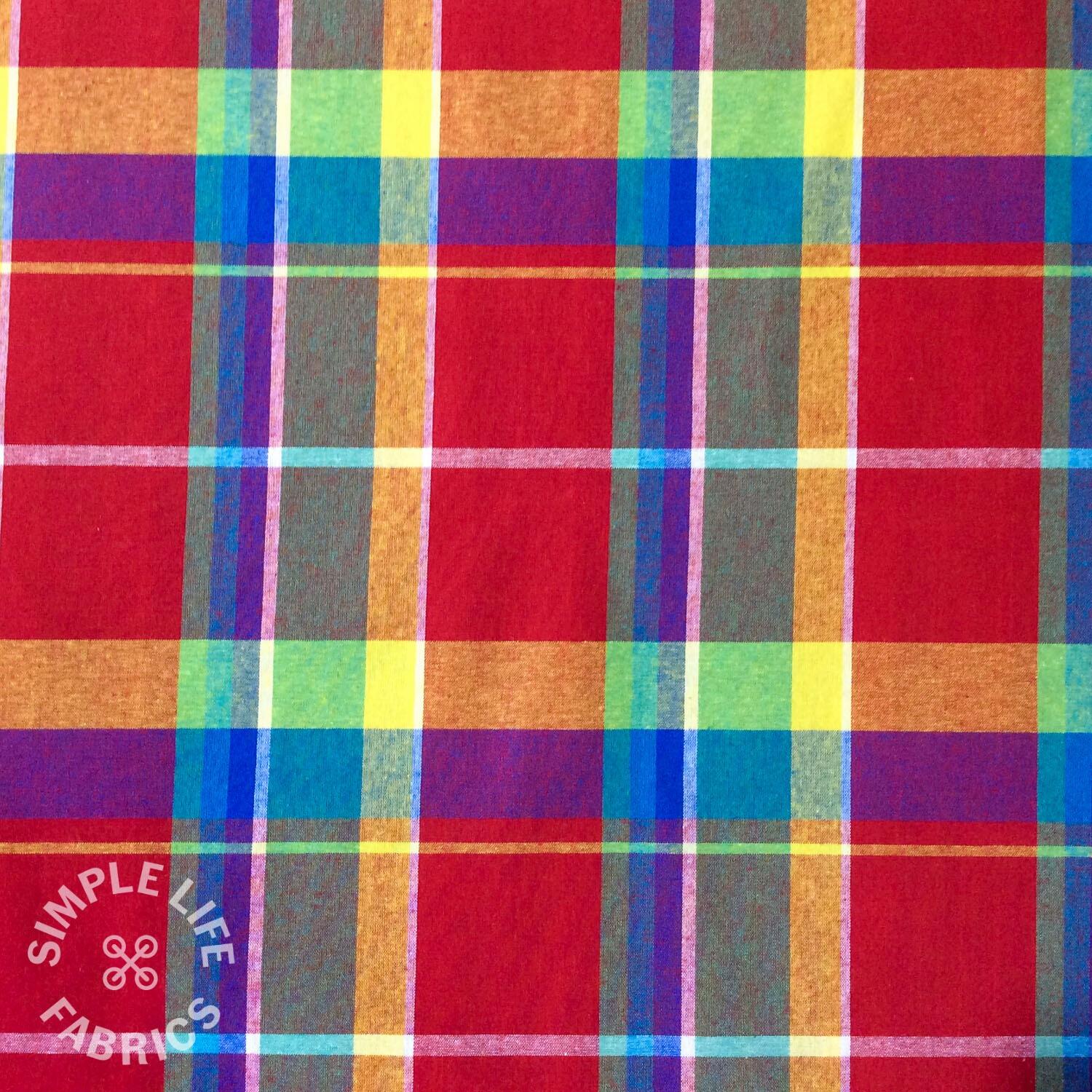 Bolt end - Madras Checks woven cotton fabric, Red - 142cm x 145cm