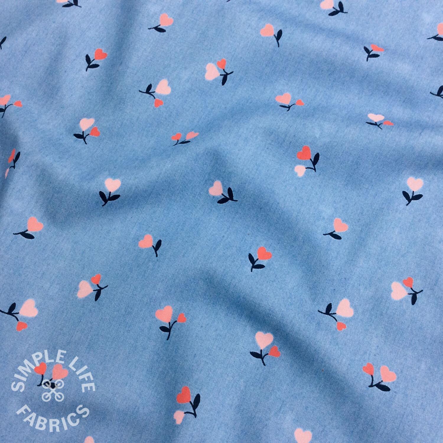 Hearts and flowers denim fabric