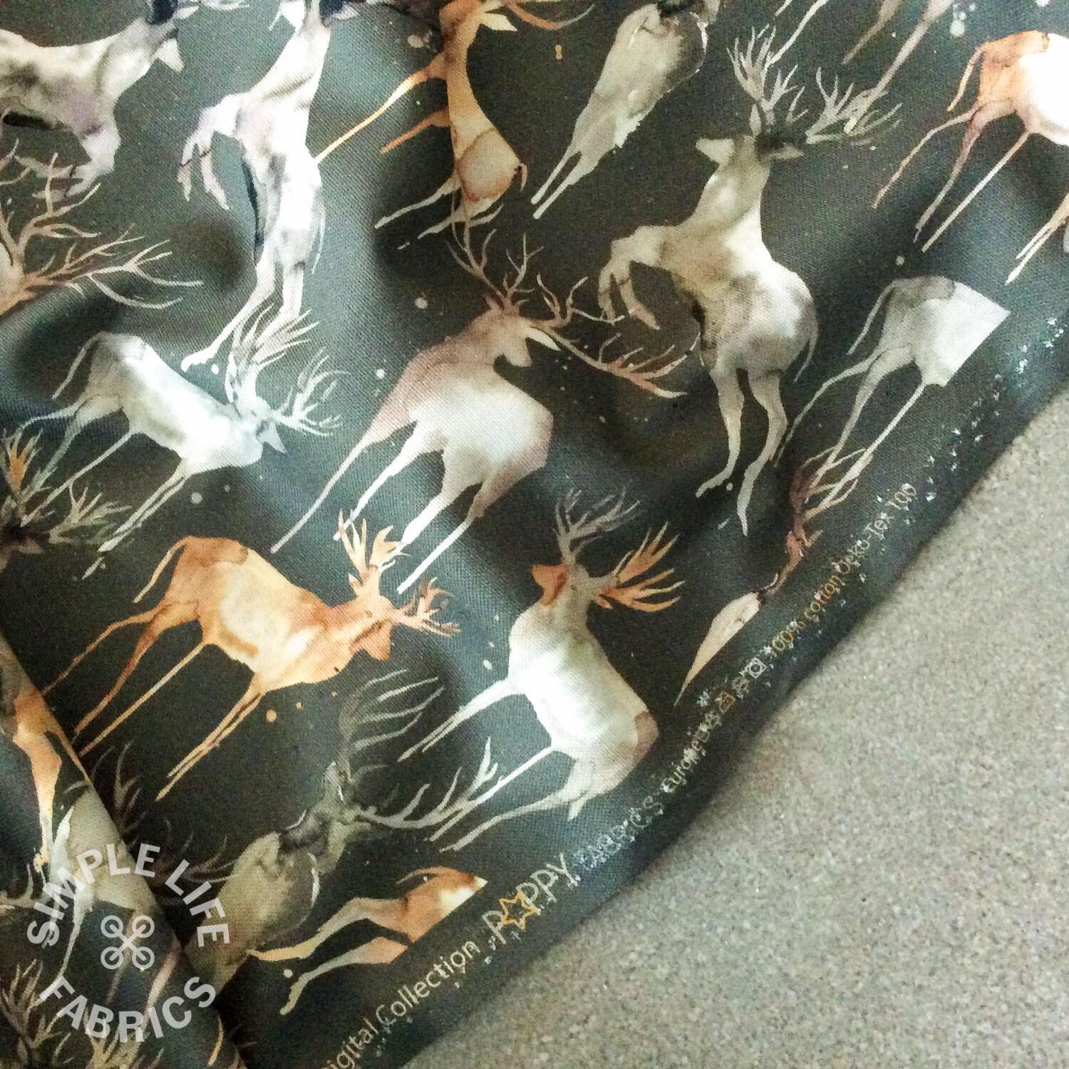 Deer stags Christmas cotton canvas printed fabric