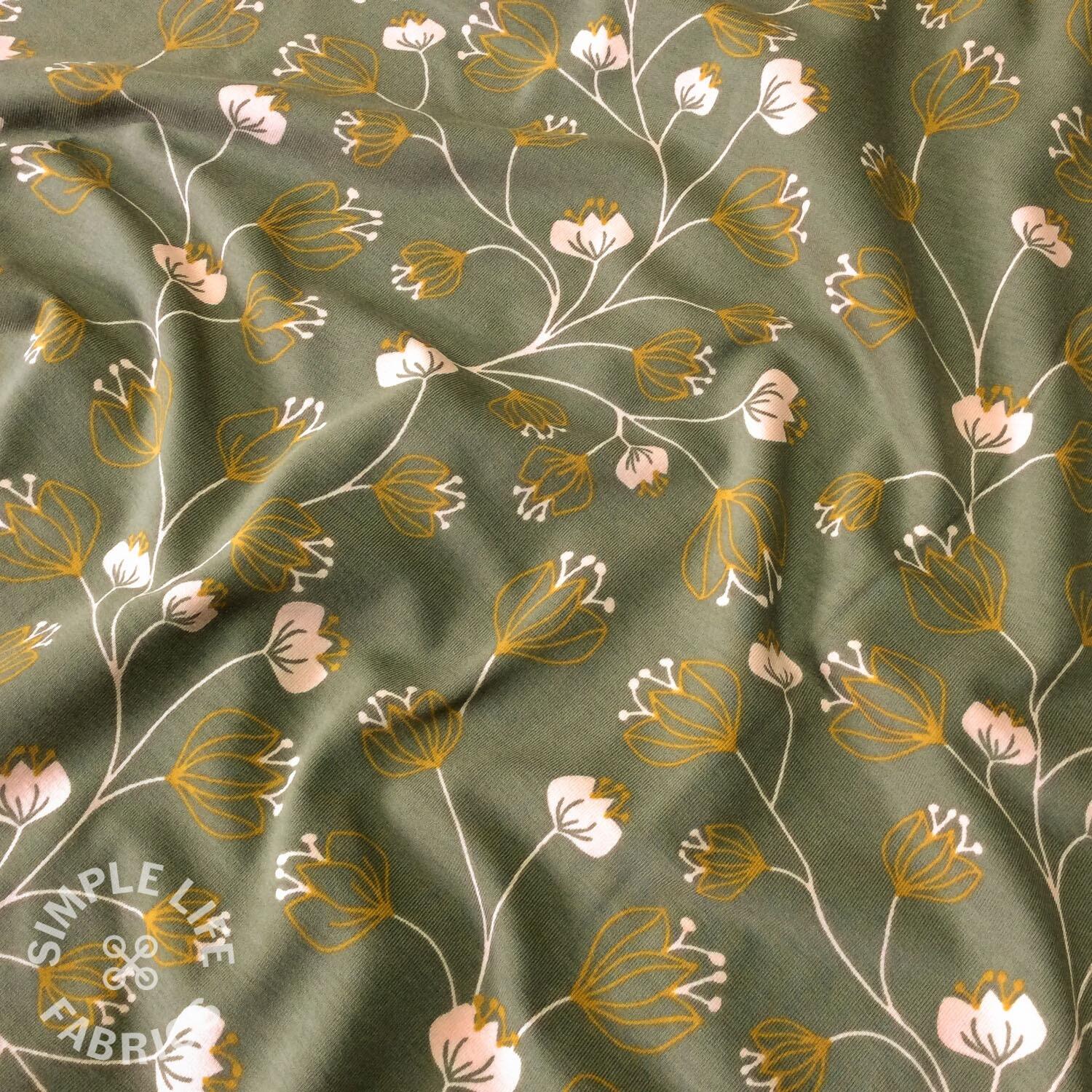 Trailing green and pink floral jersey fabric by poppy europe