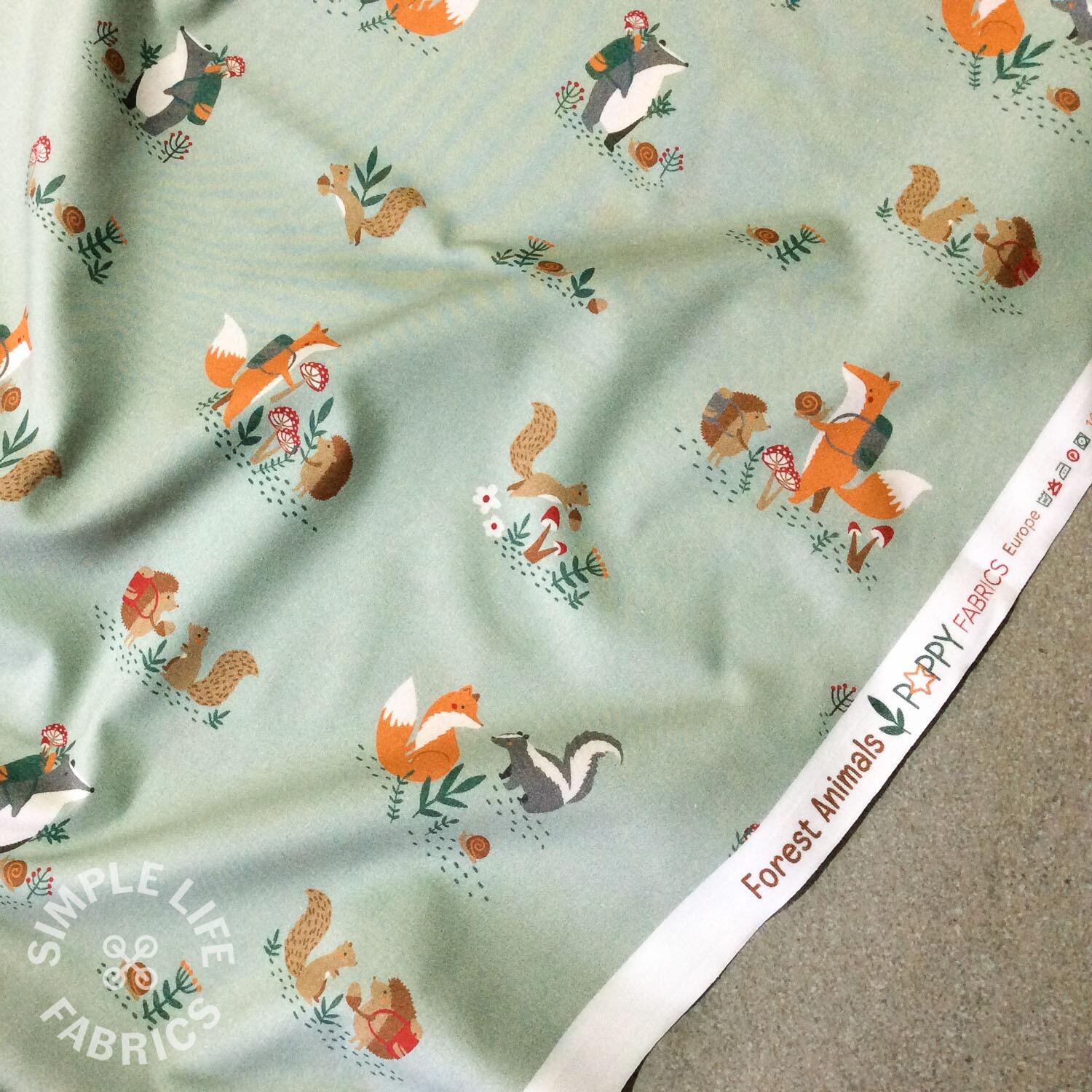 Cute forest animals, fox, hedgehog, squirrel playing Fine Cotton fabric