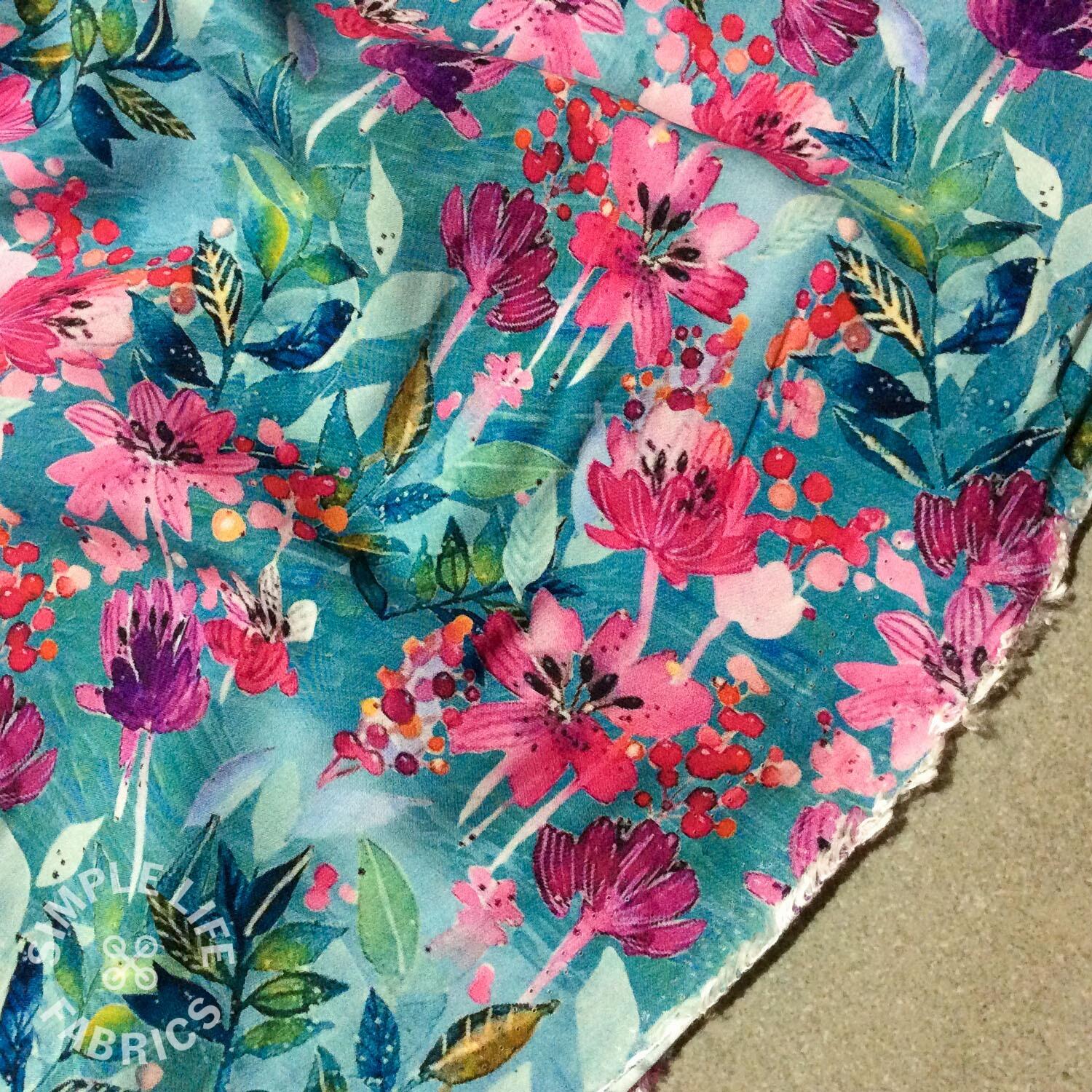 Watercolour flowers and berries viscose dress fabric