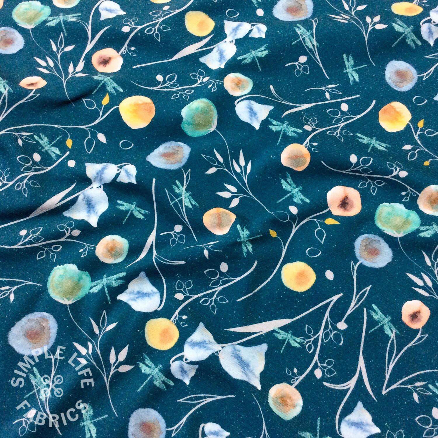 Floral jersey fabric teal dragonflies