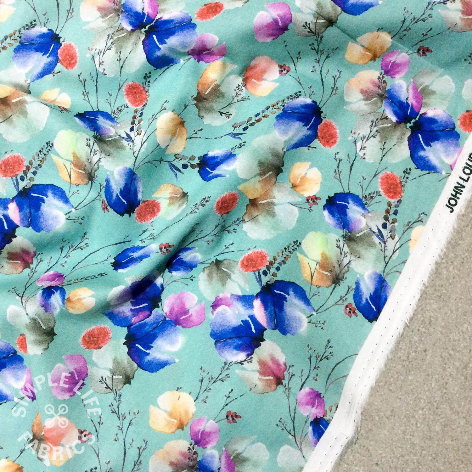 Cotton lawn fabric, Lovely flowers, Green Aqua - Per half metre